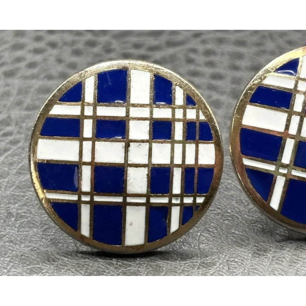 Vintage Gold Tone Blue Enamel Plaid Pattern Modernist MCM Enamel Cufflinks